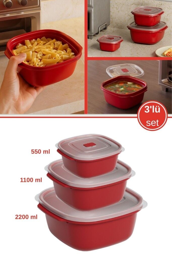 3 Boy Mikrodalga Fırına Uygun Saklama Kabı Seti, Dayanıklı Sağlıklı 3'lü Kap Seti (550,1100,2200 ml)