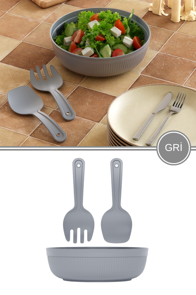 Büyük Boy Salata Seti 4 Litre, Çok Amaçlı Hazırlık Servis Kasesi + Karıştırma Çatal Kaşığı Gri