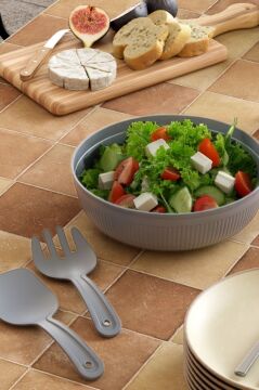 Büyük Boy Salata Seti 4 Litre, Çok Amaçlı Hazırlık Servis Kasesi + Karıştırma Çatal Kaşığı Gri