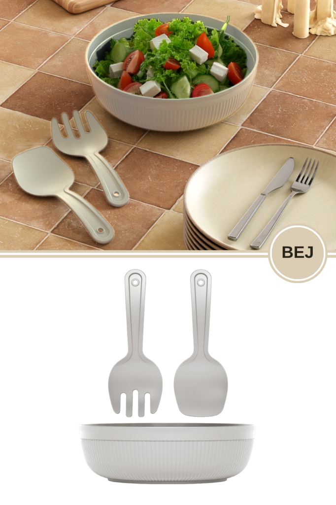 Büyük Boy Salata Seti 4 Litre, Çok Amaçlı Hazırlık Servis Kasesi + Karıştırma Çatal Kaşığı Krem