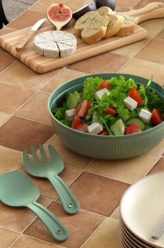 Büyük Boy Salata Seti 4 Litre, Çok Amaçlı Hazırlık Servis Kasesi + Karıştırma Çatal Kaşığı Yeşil