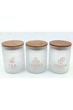 3'lü Ahşap Kapaklı Cam Kavanoz Seti, Çay Şeker Kahve Desenli Buzlu Camlı 450 ml Baharatlık Seti