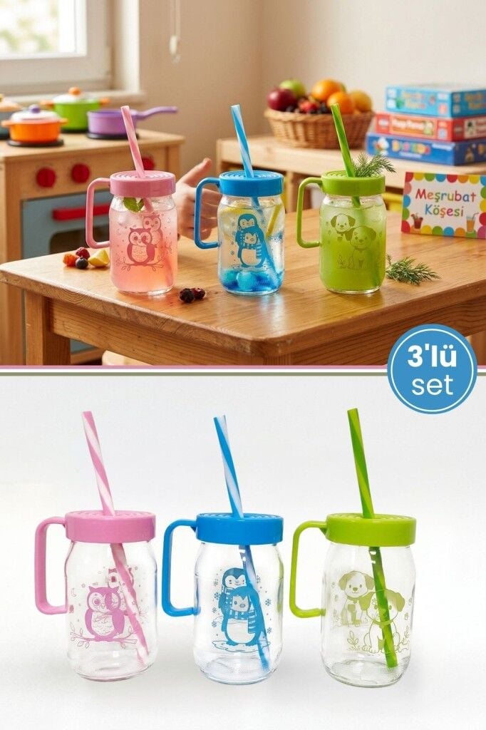 3'lü Pipetli Kulplu Cam Çocuk Meşrubat Bardağı Seti, Figürlü Süt Meyve Suyu Su Bardağı 3x370 ml