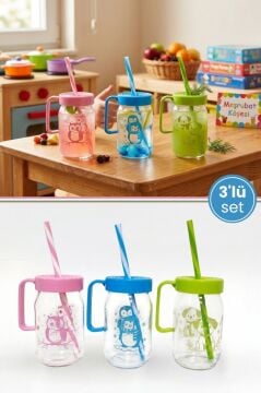 3'lü Pipetli Kulplu Cam Çocuk Meşrubat Bardağı Seti, Figürlü Süt Meyve Suyu Su Bardağı 3x370 ml