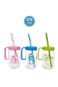 3'lü Pipetli Kulplu Cam Çocuk Meşrubat Bardağı Seti, Figürlü Süt Meyve Suyu Su Bardağı 3x370 ml