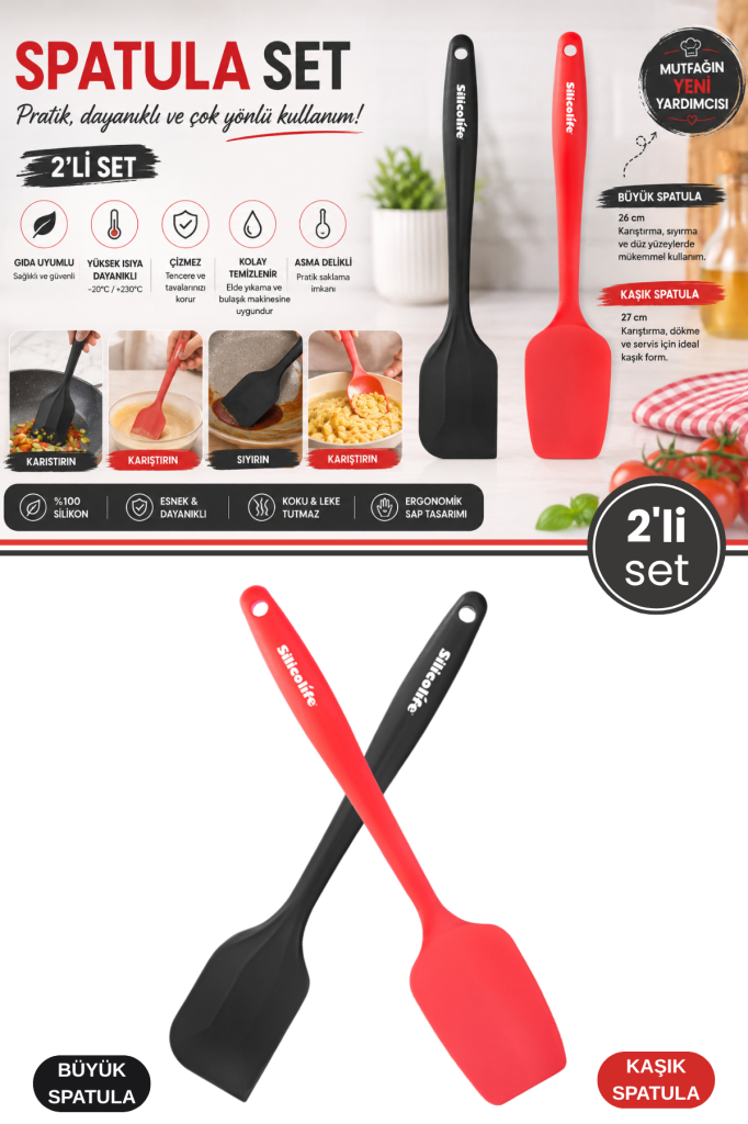 2’li Silikon Spatula Seti, Tek Parça Yapışmaz Pasta Krema Çikolata Karıştırma Sıyırma Spatula Seti