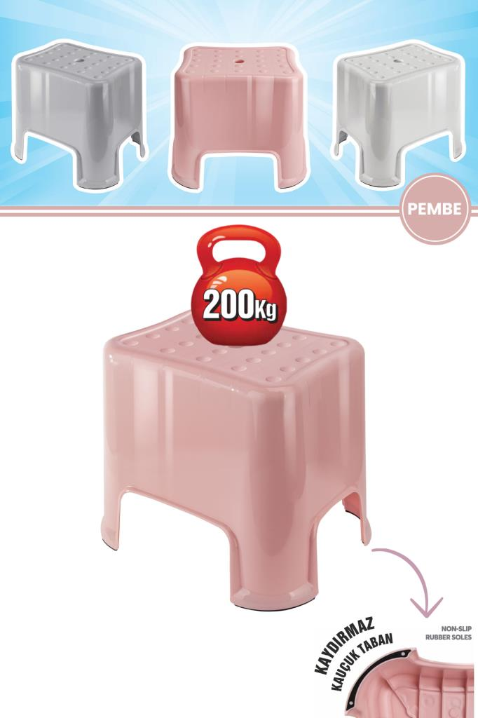 Flora Herkül Banyo Taburesi, Kaydırmaz Kauçuk Tabanlı 200 Kg Taşıma Kapasiteli Lüks Tabure Pembe