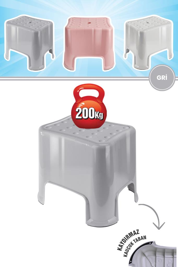Flora Herkül Banyo Taburesi, Kaydırmaz Kauçuk Tabanlı 200 Kg Taşıma Kapasiteli Lüks Tabure Gri