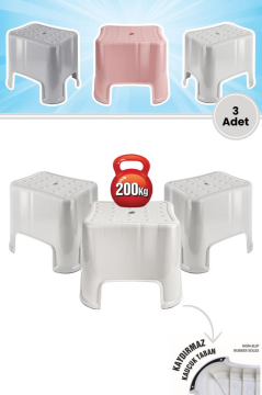 Flora 3 Adet Herkül Banyo Taburesi, Kaydırmaz Kauçuk Tabanlı 200 Kg Taşıma Kapasiteli Lüks Tabure Beyaz
