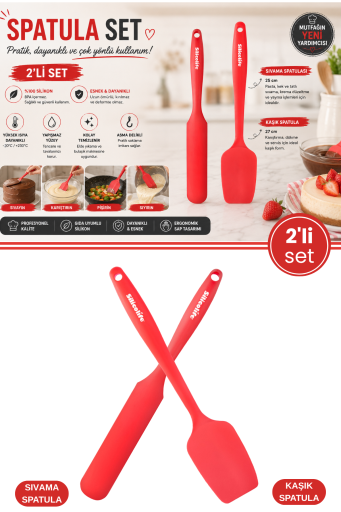 2’li Pasta Spatula Seti, Silikon Yanmaz Yapışmaz Kaşık Spatula ve Krema Sos Çikolata Sıvama Bıçağı
