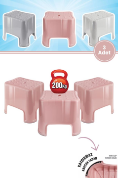 Flora 3 Adet Herkül Banyo Taburesi, Kaydırmaz Kauçuk Tabanlı 200 Kg Taşıma Kapasiteli Lüks Tabure Pembe