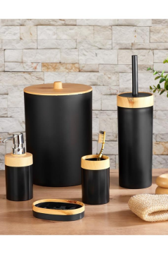 Flosoft Bambu Desenli Yuvarlak 5'li Banyo Seti Siyah