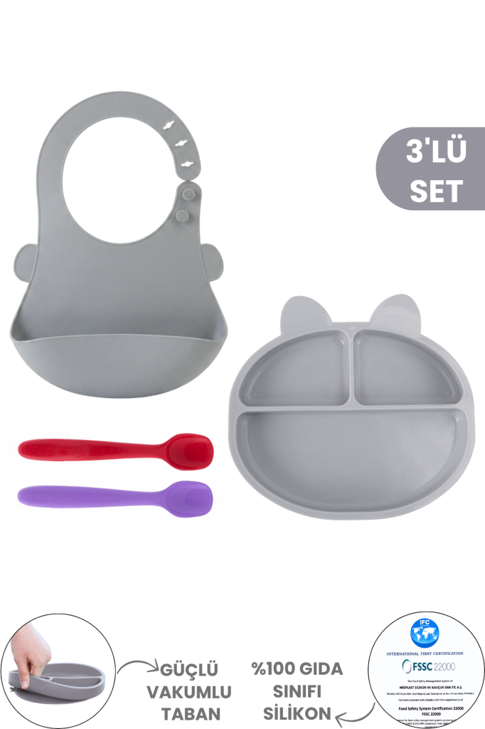 3'lü Silikon Beslenme Seti BPA Free, Silikon Mama Önlüğü + Vakumlu 3 Gözlü Tabak + 2 Adet Kaşık