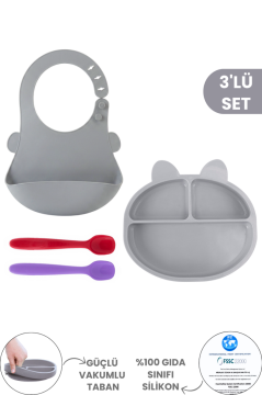 3'lü Silikon Beslenme Seti BPA Free, Silikon Mama Önlüğü + Vakumlu 3 Gözlü Tabak + 2 Adet Kaşık