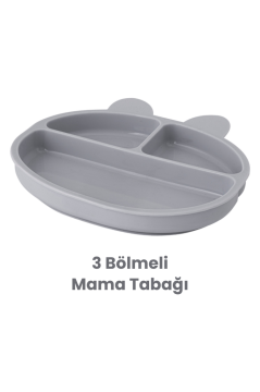 3'lü Silikon Beslenme Seti BPA Free, Silikon Mama Önlüğü + Vakumlu 3 Gözlü Tabak + 2 Adet Kaşık