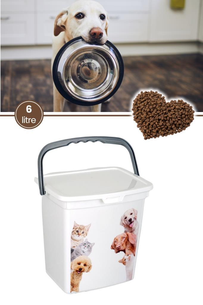 Evcil Hayvan Mama Kovası, Kapaklı Kulplu Kedi Köpek Mama Saklama Kabı Kutusu 6lt