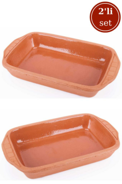Elizi Çömlekleri 2’li Dikdörtgen Sırlı Fırın Tepsisi, Toprak Güveç Fırın Kabı Seti SIRLI (25x15cm)