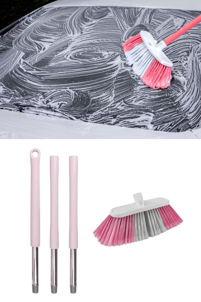 Saplı Oto Fırçası Seti, Araba Otomobil Yıkama Fırça Seti, 3 Parçalı Sap 115 cm ve Oto Fırça 20 cm Pembe