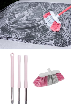 Saplı Oto Fırçası Seti, Araba Otomobil Yıkama Fırça Seti, 3 Parçalı Sap 115 cm ve Oto Fırça 20 cm Pembe