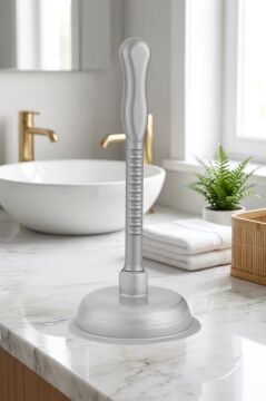Battal Vantuz Pompa Gri, Mutfak Banyo Lavabo Küvet WC Tuvalet Gider Açıcı Büyük El Pompası 16x33cm