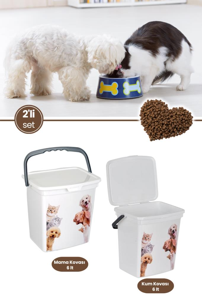 2’li Evcil Hayvan Mama Kovası Seti, 2 Adet Kapaklı Kulplu Kedi Köpek Mama Saklama Kabı Kutusu 6lt