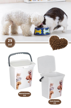 2’li Evcil Hayvan Mama Kovası Seti, 2 Adet Kapaklı Kulplu Kedi Köpek Mama Saklama Kabı Kutusu 6lt