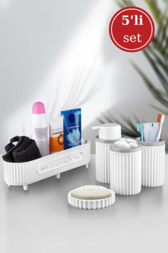 Flora 5 Parça Banyo Seti (Çok Amaçlı Sepet, Sıvı Sabunluk, Katı Sabunluk, Diş Fırçalık, Pamukluk)
