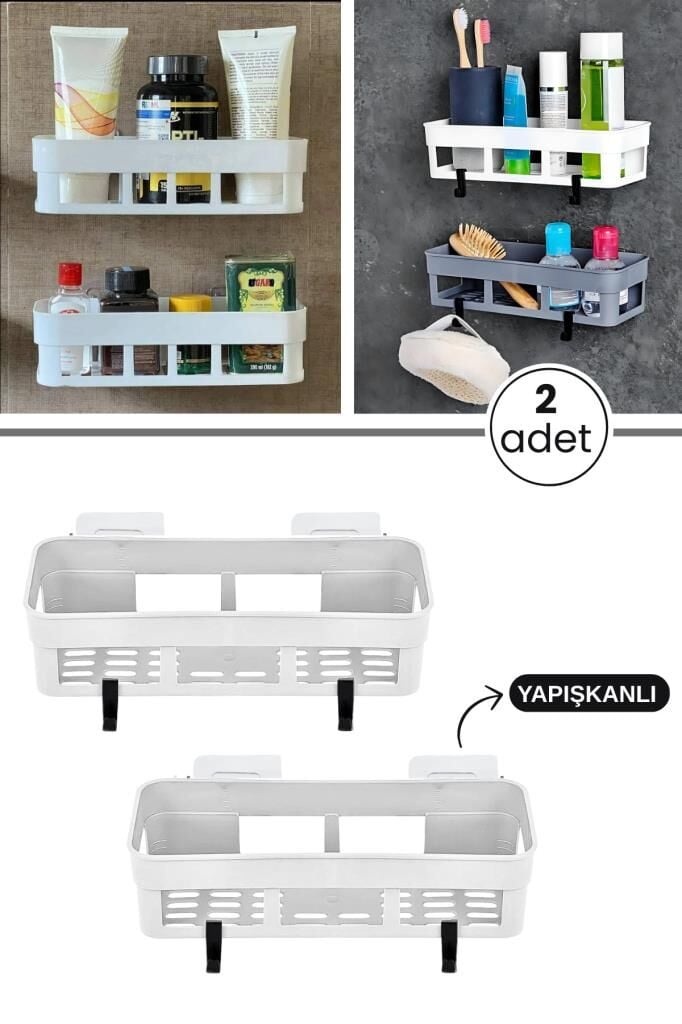 2 Adet Yapışkanlı Plastik Raf, Delme Vida Gerektirmeyen Banyo Duş Şampuan Mutfak Baharat Rafı Beyaz