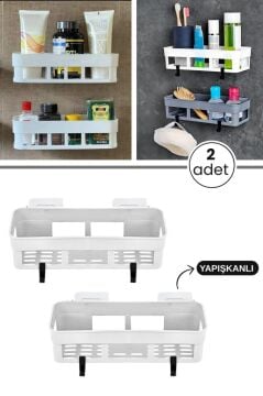 2 Adet Yapışkanlı Plastik Raf, Delme Vida Gerektirmeyen Banyo Duş Şampuan Mutfak Baharat Rafı Beyaz