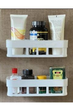 2 Adet Yapışkanlı Plastik Raf, Delme Vida Gerektirmeyen Banyo Duş Şampuan Mutfak Baharat Rafı Beyaz