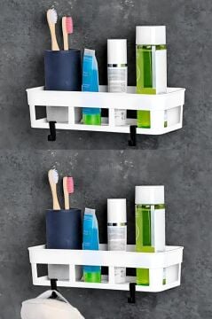 2 Adet Yapışkanlı Plastik Raf, Delme Vida Gerektirmeyen Banyo Duş Şampuan Mutfak Baharat Rafı Beyaz