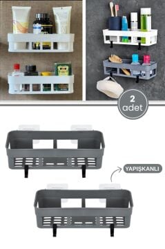 2 Adet Yapışkanlı Plastik Raf, Delme Vida Gerektirmeyen Banyo Duş Şampuan Mutfak Baharat Rafı Gri