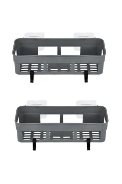 2 Adet Yapışkanlı Plastik Raf, Delme Vida Gerektirmeyen Banyo Duş Şampuan Mutfak Baharat Rafı Gri