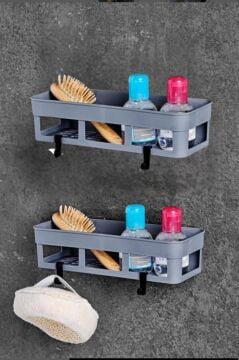 2 Adet Yapışkanlı Plastik Raf, Delme Vida Gerektirmeyen Banyo Duş Şampuan Mutfak Baharat Rafı Gri