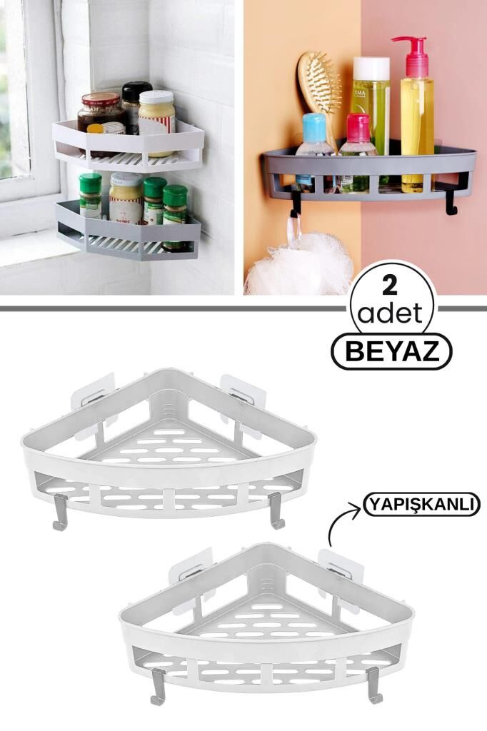 2 Adet Yapışkanlı Köşeli Raf, Vidalama Gerektirmeyen Banyo Duş Şampuan Mutfak Baharat Rafı Beyaz