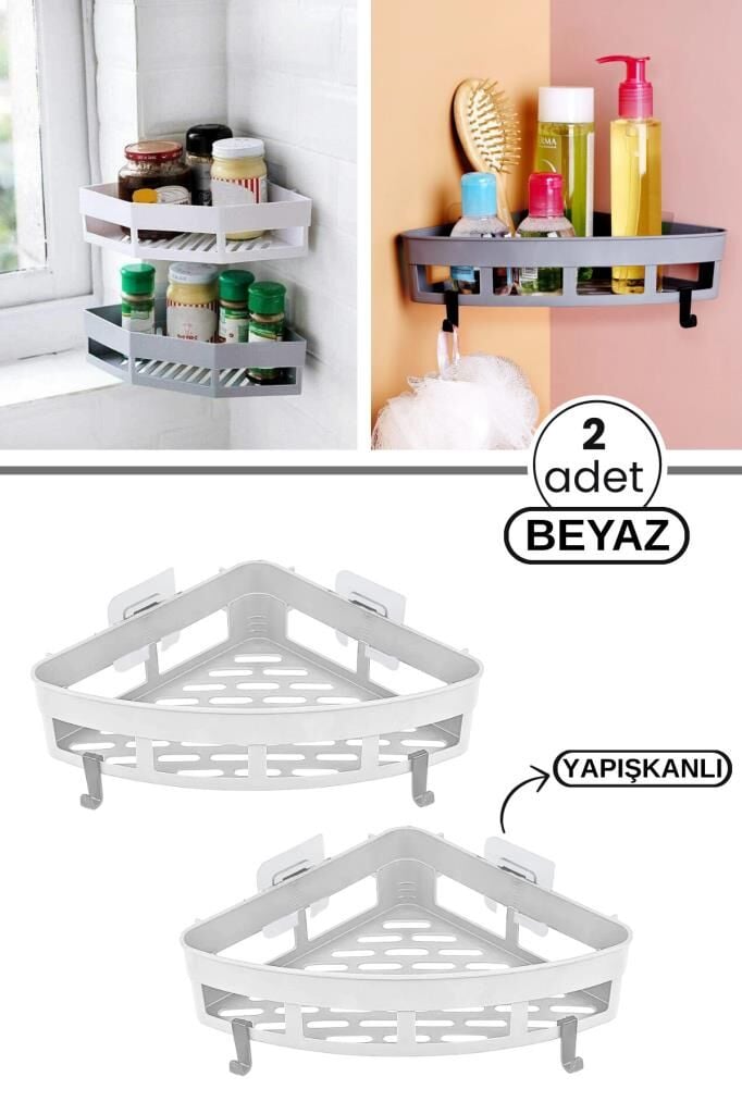 2 Adet Yapışkanlı Köşeli Raf, Vidalama Gerektirmeyen Banyo Duş Şampuan Mutfak Baharat Rafı Beyaz