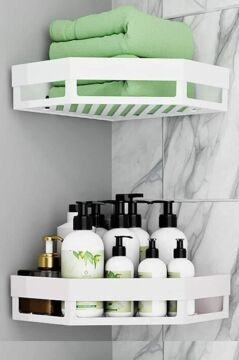 2 Adet Yapışkanlı Köşeli Raf, Vidalama Gerektirmeyen Banyo Duş Şampuan Mutfak Baharat Rafı Beyaz