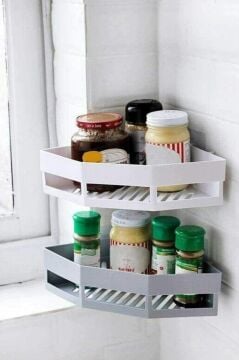 2 Adet Yapışkanlı Köşeli Raf, Vidalama Gerektirmeyen Banyo Duş Şampuan Mutfak Baharat Rafı Beyaz