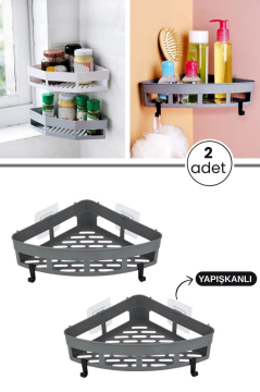 2 Adet Yapışkanlı Köşeli Raf, Vidalama Gerektirmeyen Banyo Duş Şampuan Mutfak Baharat Rafı Gri