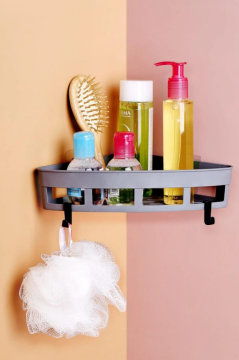 2 Adet Yapışkanlı Köşeli Raf, Vidalama Gerektirmeyen Banyo Duş Şampuan Mutfak Baharat Rafı Gri