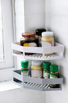 2 Adet Yapışkanlı Köşeli Raf, Vidalama Gerektirmeyen Banyo Duş Şampuan Mutfak Baharat Rafı Gri